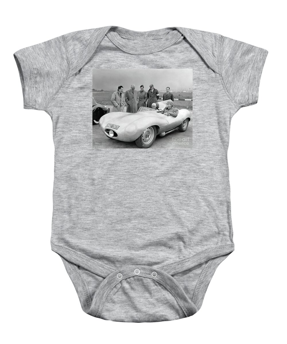 Vintage Baby Onesie featuring the photograph 1957 Jaguar D Type Testing With William Lyons And Team by Retrographs
