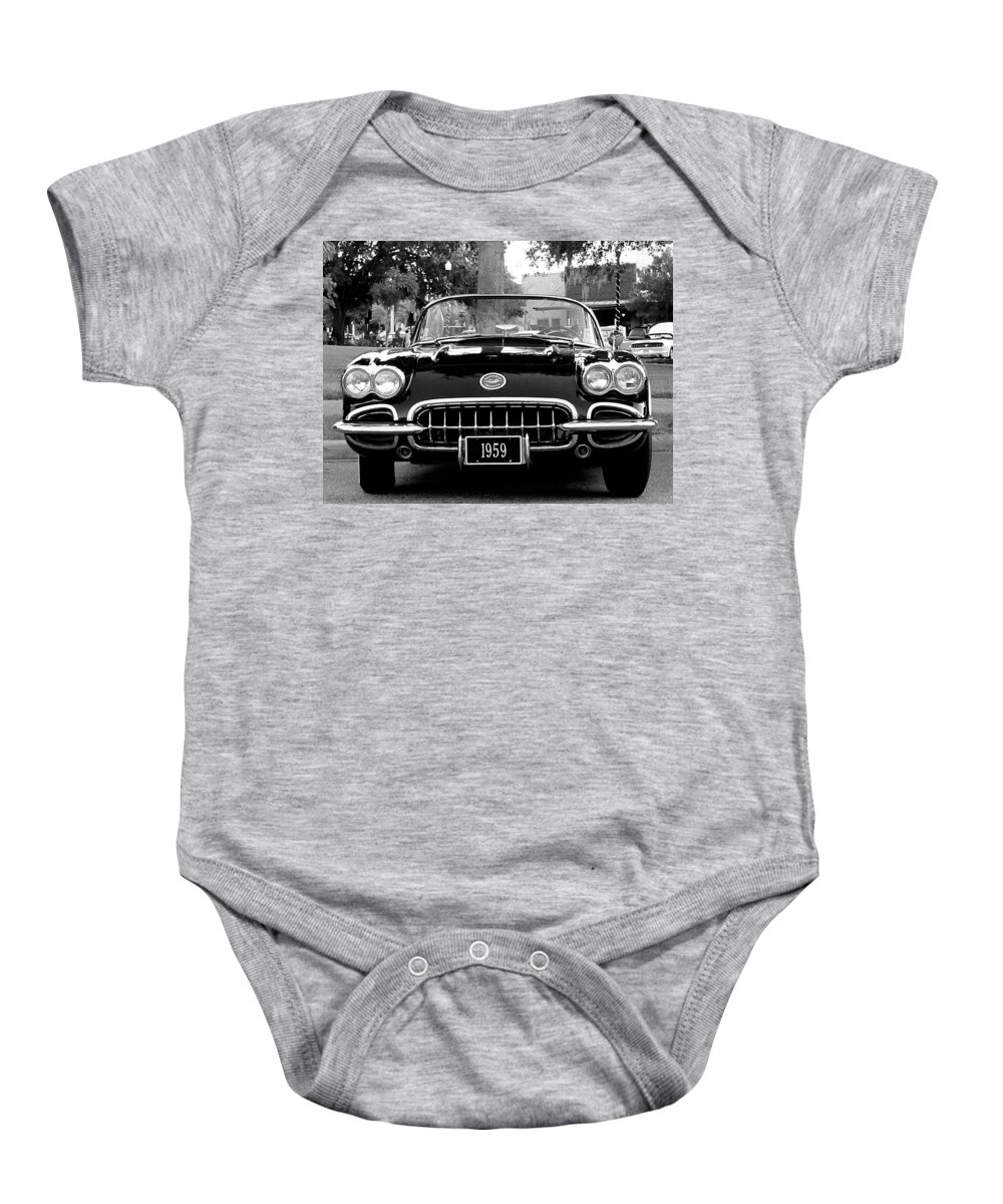 Chevrolet Baby Onesie featuring the photograph 1959 Corvette 001 in Black and White by Christopher Mercer