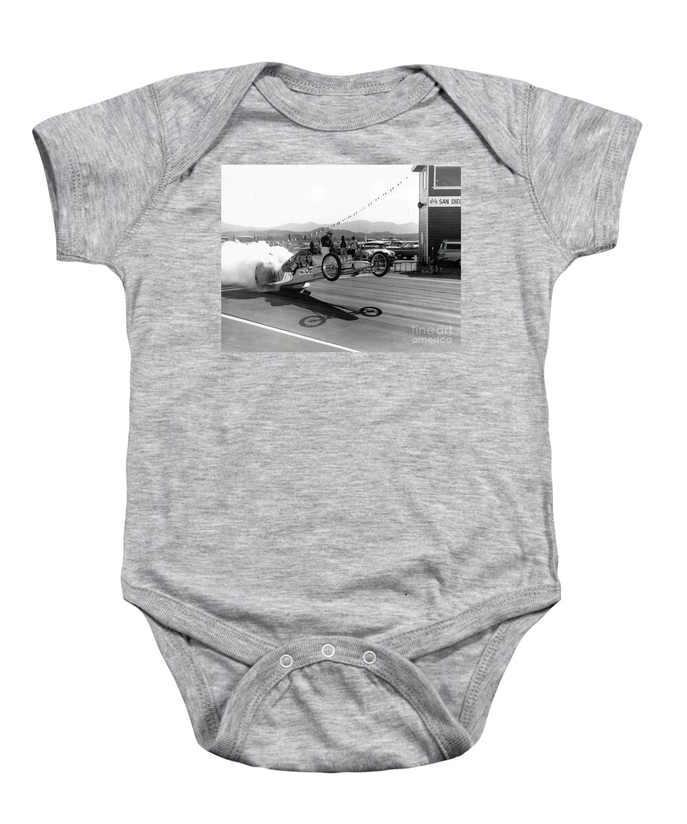 Vintage Baby Onesie featuring the photograph 1960s Dragster Leaving The Line At California Drag Strip by Retrographs