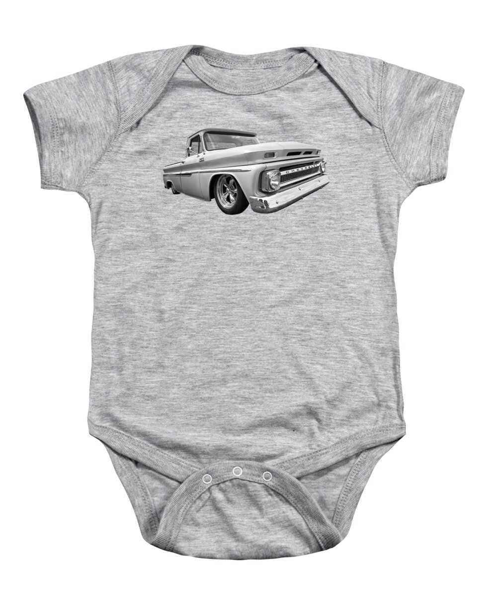 Chevrolet Truck Baby Onesie featuring the photograph 1965 Chevy C10 Truck in black And White by Gill Billington