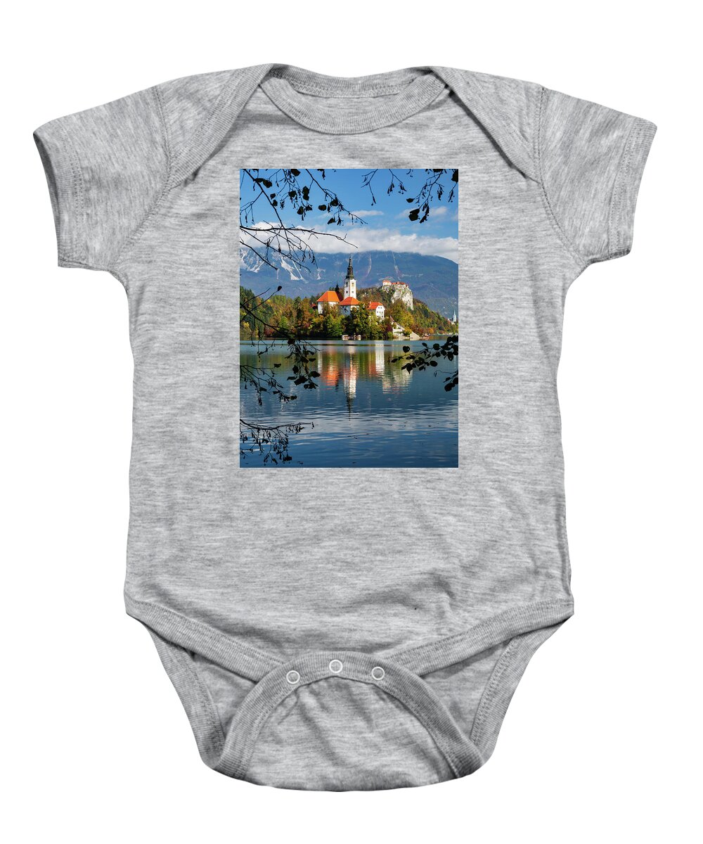 Bled Baby Onesie featuring the photograph Autumn colours at Lake Bled #2 by Ian Middleton