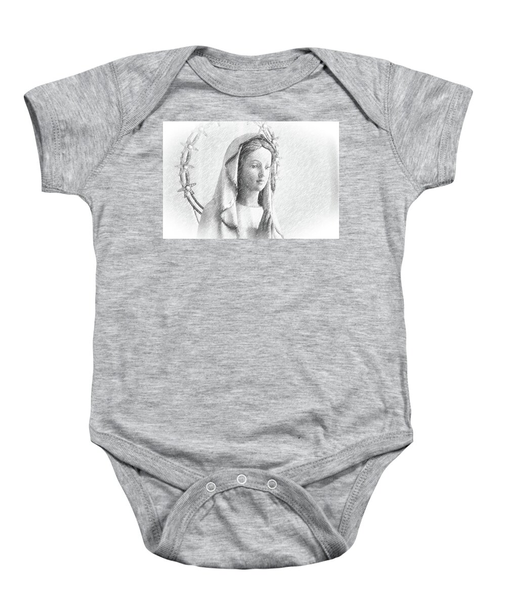 Blessed Virgin Mary Baby Onesie featuring the photograph pencil sketch with vignette of Blessed Virgin Mary #2 by Vivida Photo PC