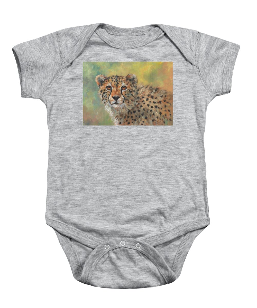 Cheetah Baby Onesie featuring the painting Portrait of a Cheetah #2 by David Stribbling