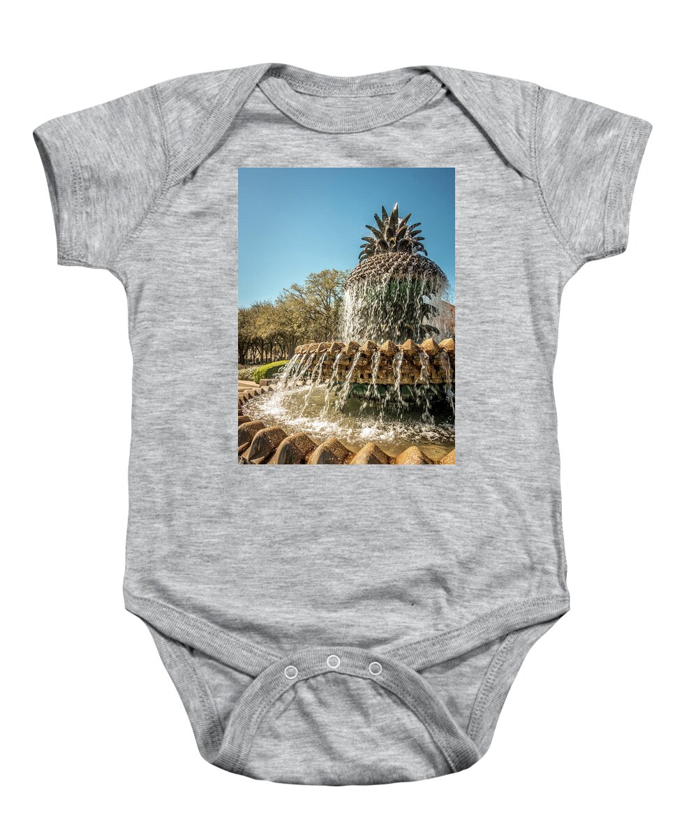 Charleston Baby Onesie featuring the photograph The Pineapple Fountain, at the Waterfront Park in Charleston #2 by Alex Grichenko