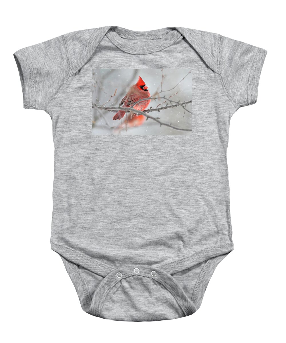 Cardinal Baby Onesie featuring the photograph Snowy Cardinal by Brook Burling