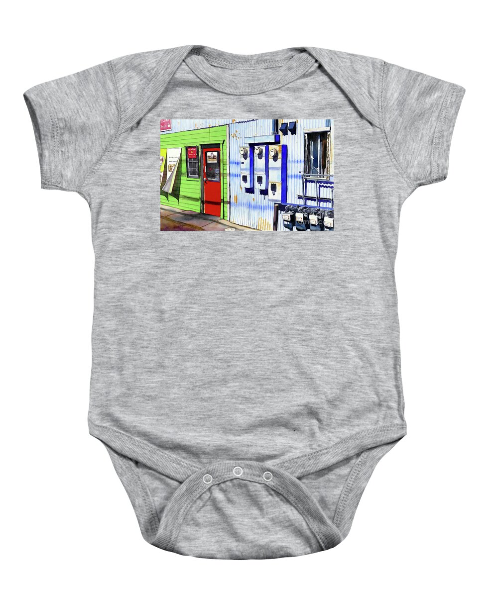Kim's Country Kitchen Baby Onesie featuring the painting #404  Red Door #404 by William Lum