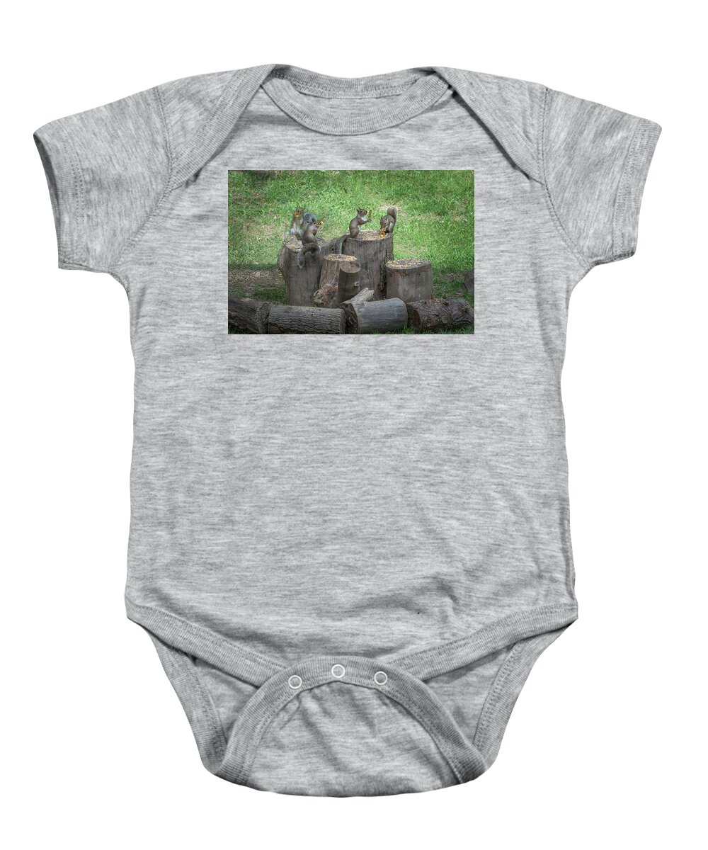 Grey Squirrels Baby Onesie featuring the photograph The Grey Squirrel Rowdy Tails Band making sweet music #7 by Daniel Friend