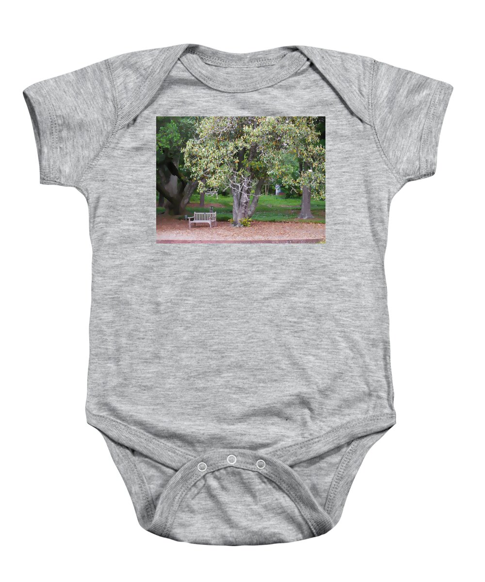 Bench Baby Onesie featuring the painting A bench in a country garden 4 by Jeelan Clark