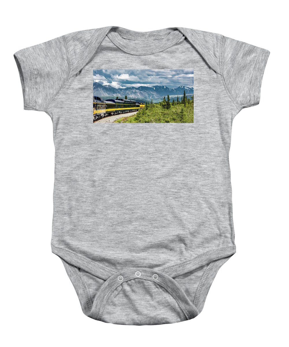 Anchorage To Denali Baby Onesie featuring the photograph Adventure By Train by Marcy Wielfaert