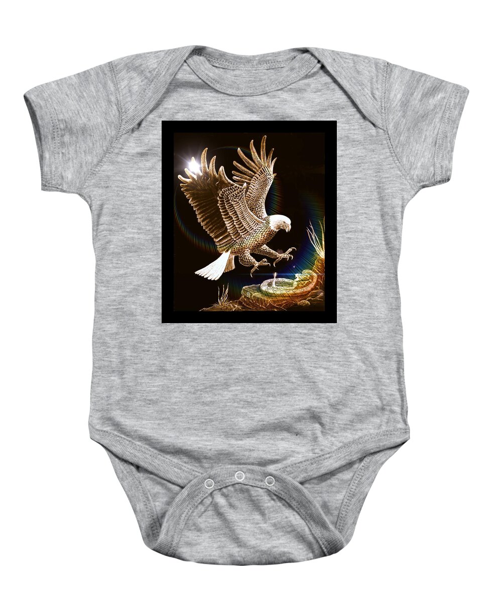 Eagle Baby Onesie featuring the mixed media Air Superiority-Eagle vs. Snake colered and highlighted by Gary F Richards