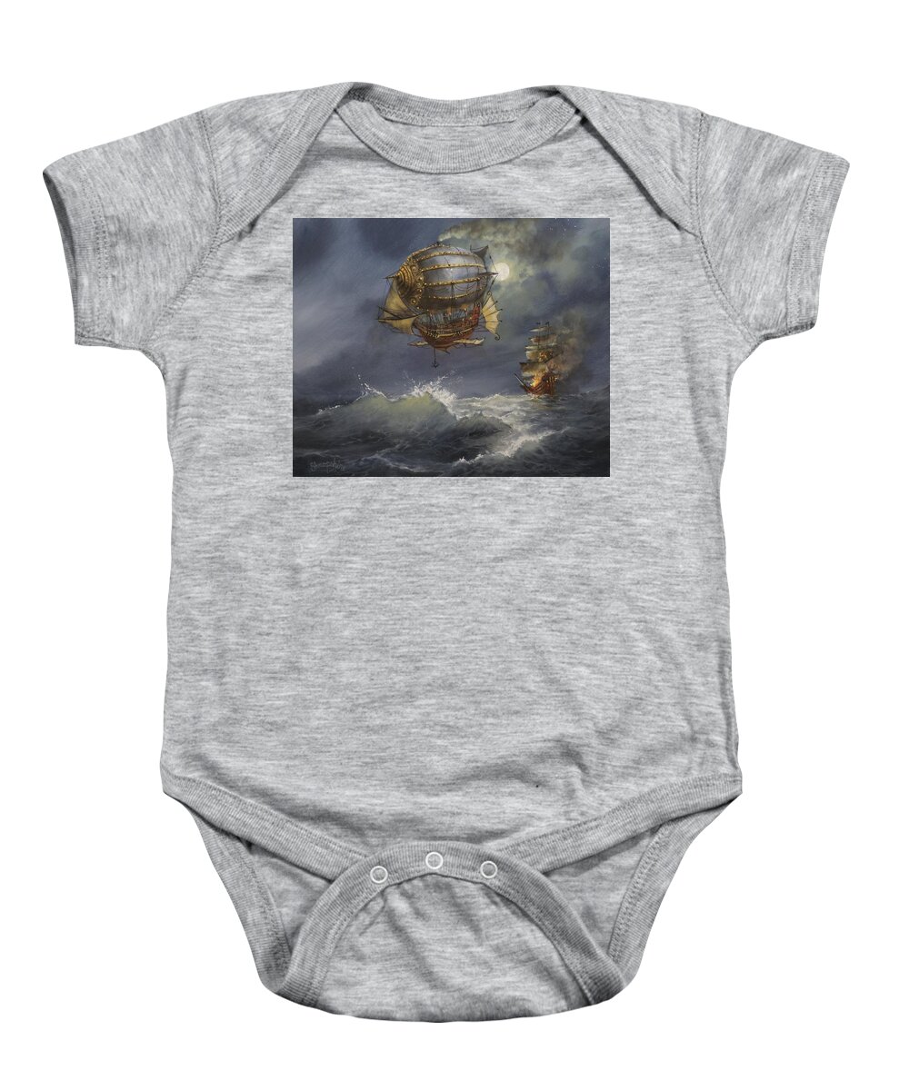 Airship Baby Onesie featuring the painting Airship Attack by Tom Shropshire