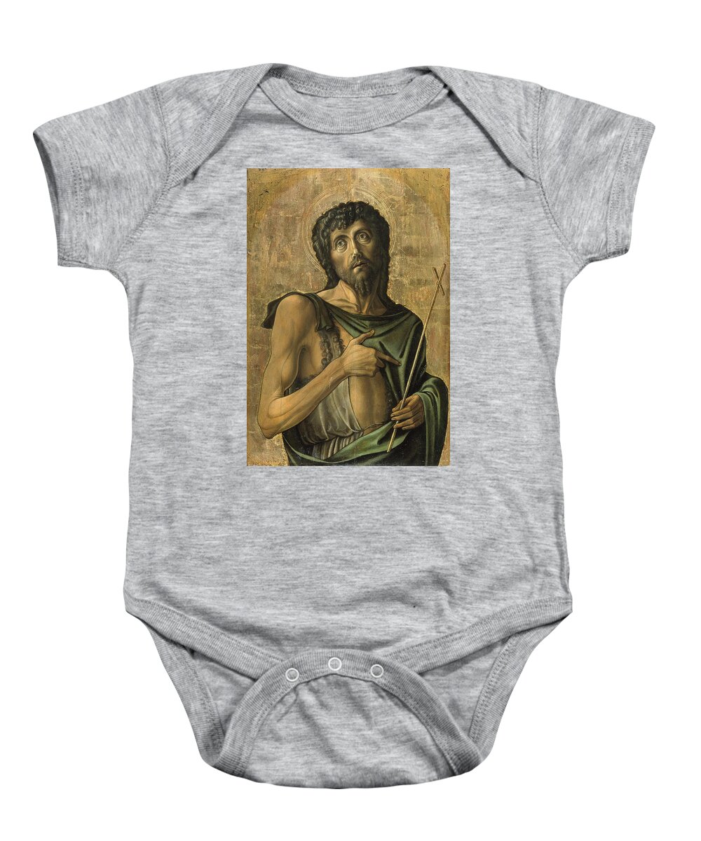 Alvise Vivarini Baby Onesie featuring the painting Alvise Vivarini -Venice, 1442/43-1503/5-. Saint John the Baptist -ca. 1475-. Tempera and oil on p... by Alvise Vivarini -c 1445-1505-