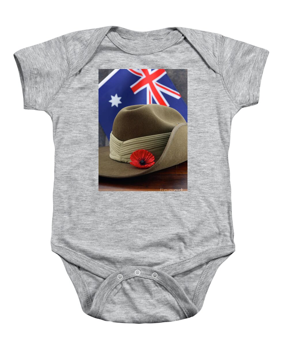 Anzac Baby Onesie featuring the photograph Anzac army slouch hat with Australian Flag by Milleflore Images