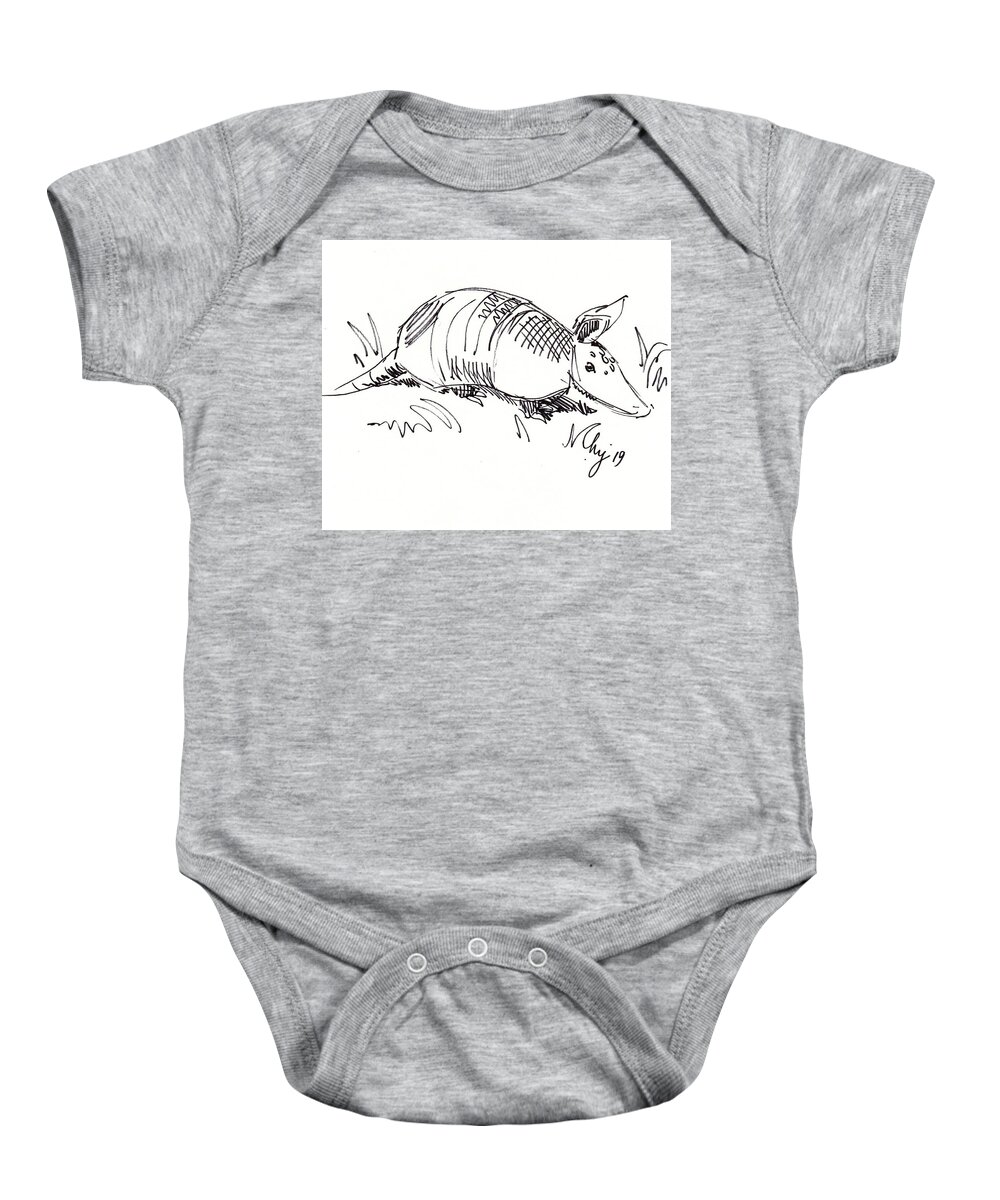 Armadillo Baby Onesie featuring the drawing Armadillo illustration black and white line drawing by Mike Jory