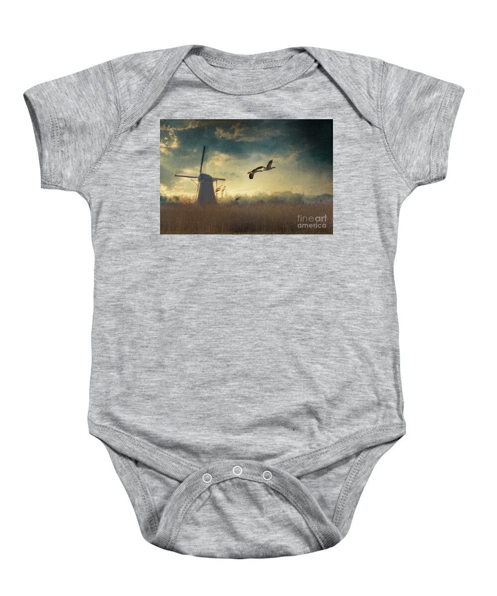 Landscape Baby Onesie featuring the mixed media At Sunrise by Eva Lechner