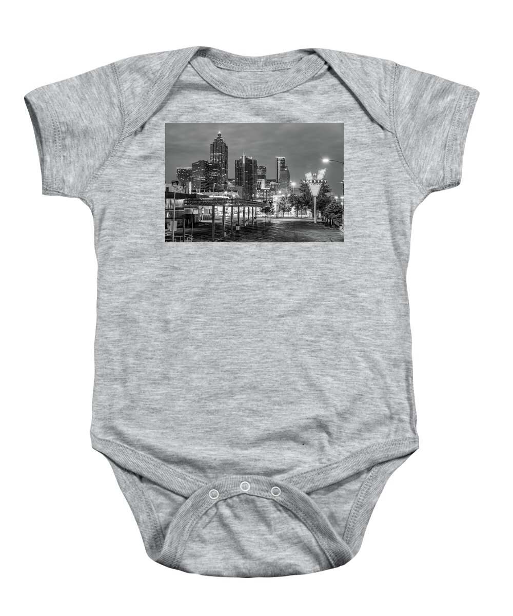 America Baby Onesie featuring the photograph Atlanta Skyline Over the Varsity - Monochrome Edition by Gregory Ballos