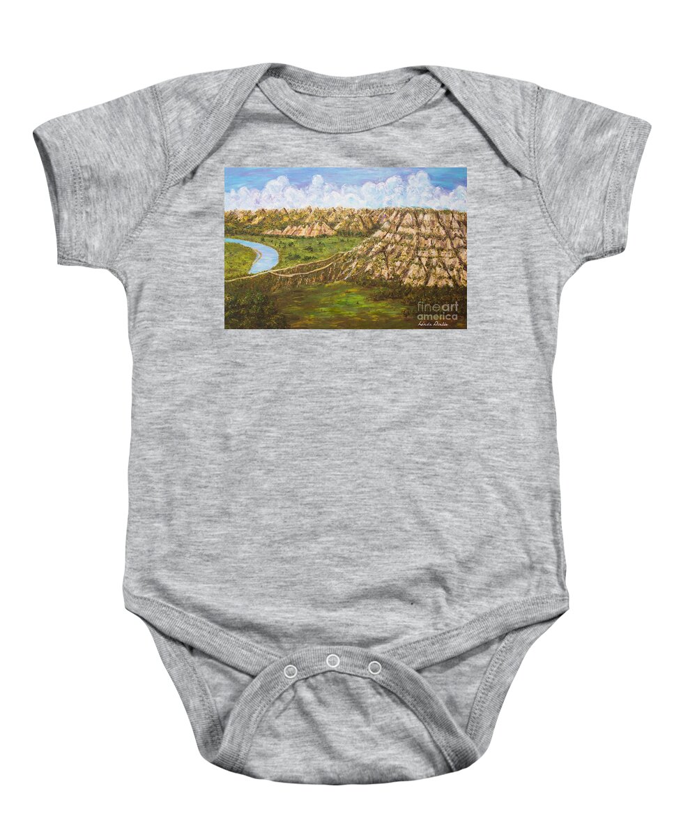 Badlands Baby Onesie featuring the painting Badlands Majesty by Linda Donlin