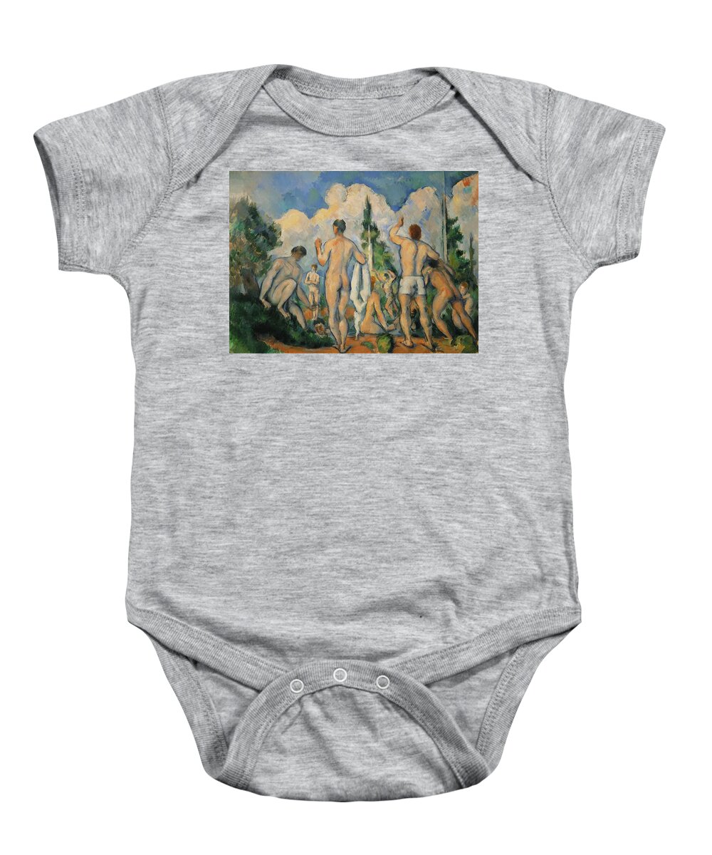 Paul Cezanne Baby Onesie featuring the painting Baigneurs -the bathers-. Oil on canvas -1890-1892- 60 x 82 cm R. F. 1965-3. by Paul Cezanne -1839-1906-