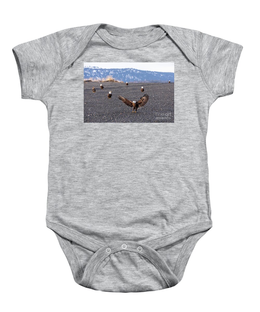 Bald Eagle Baby Onesie featuring the photograph Bald Eagles on the beach by Louise Heusinkveld