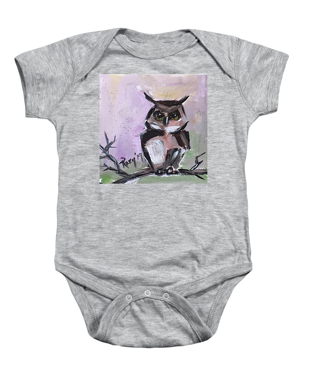 Owl Baby Onesie featuring the painting Barn Owl on a Branch by Roxy Rich