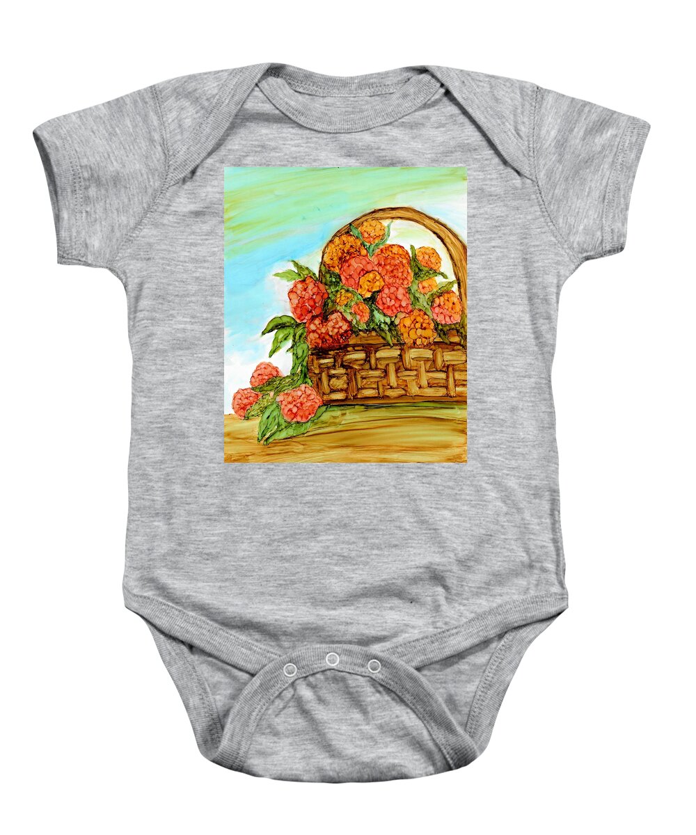 Abstract Floral Baby Onesie featuring the painting Basket of Hydrangeas by Linda Stanton