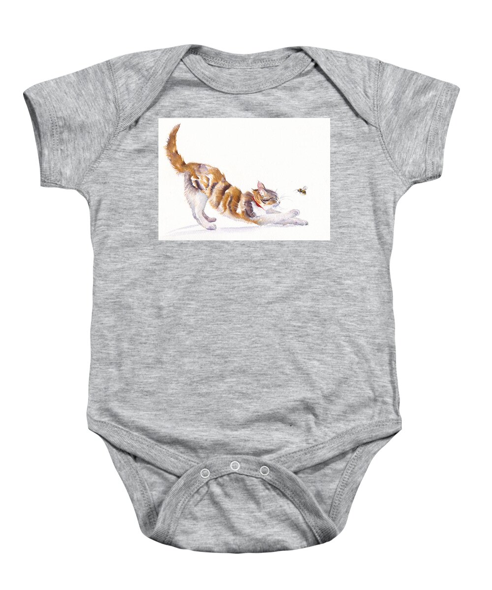 Cats Baby Onesie featuring the painting Stretching Cat - Bee Humble by Debra Hall