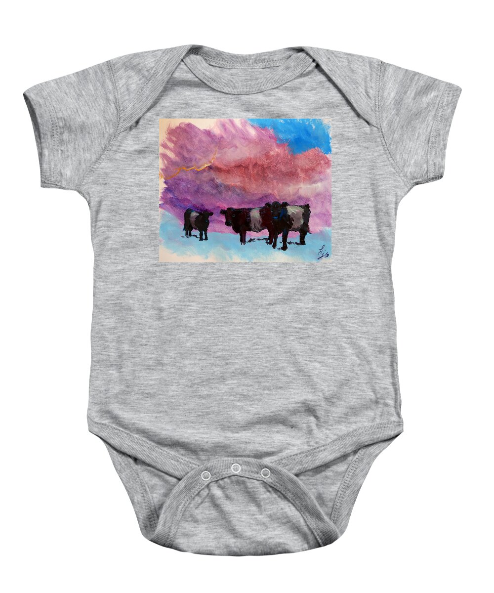 Belted Galloway Cow Baby Onesie featuring the painting Belted galloway cows purple cloudy sky painting by Mike Jory