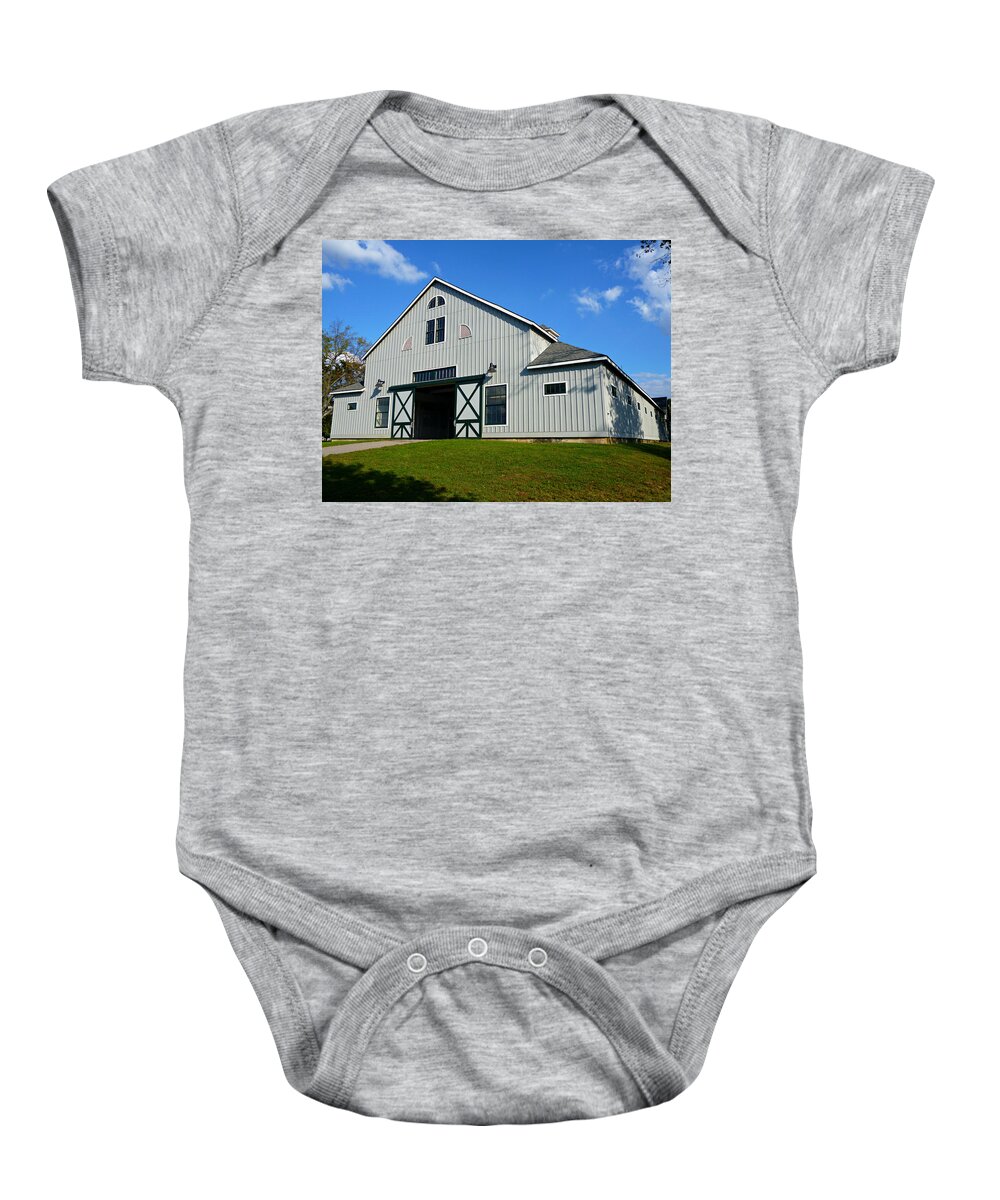 Big Barn Baby Onesie featuring the photograph Big Barn with Blue Skies by Mike McBrayer