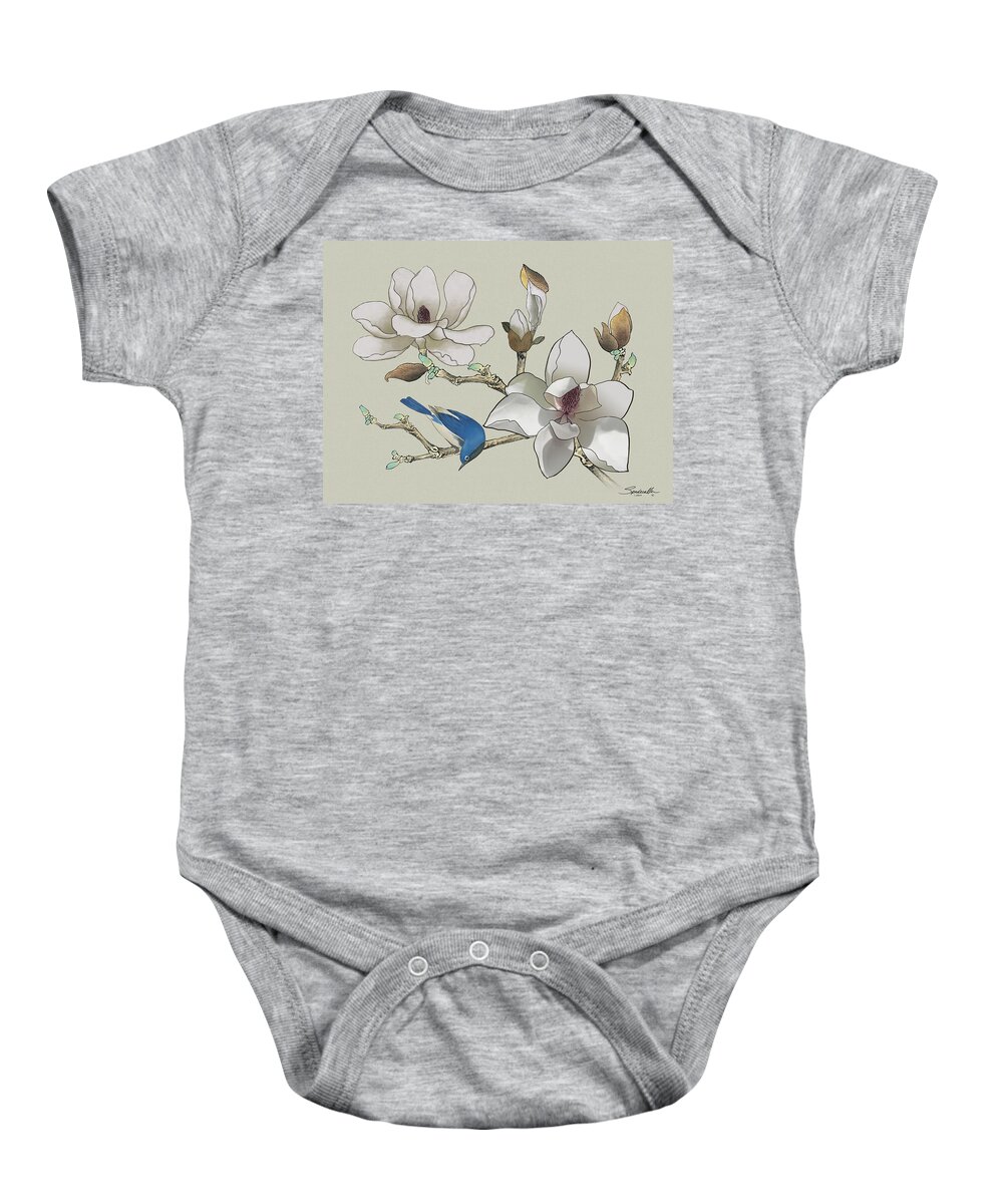 Bluebird Baby Onesie featuring the painting Bluebird and Magnolia by M Spadecaller