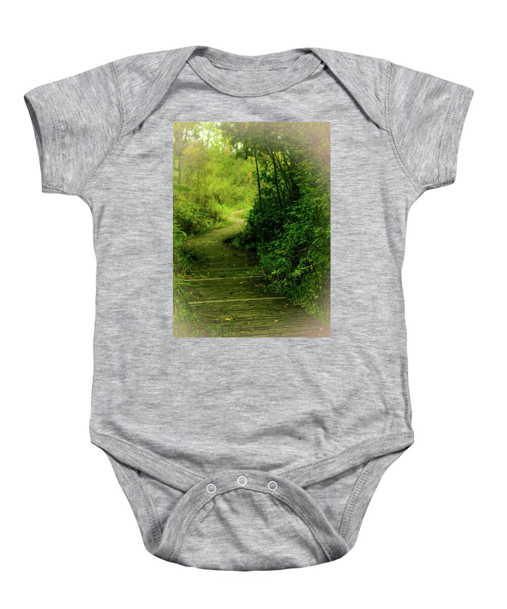Boardwalk Baby Onesie featuring the photograph Boardwalk through Tiny Marsh by James Canning