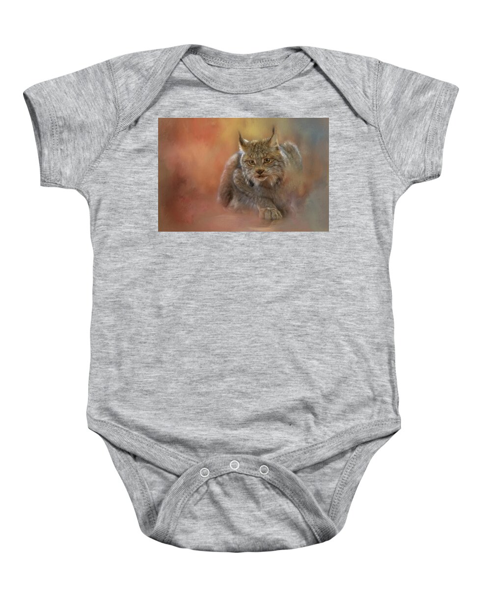 Bobcat Baby Onesie featuring the painting Bobcat Pounce by Jeanette Mahoney