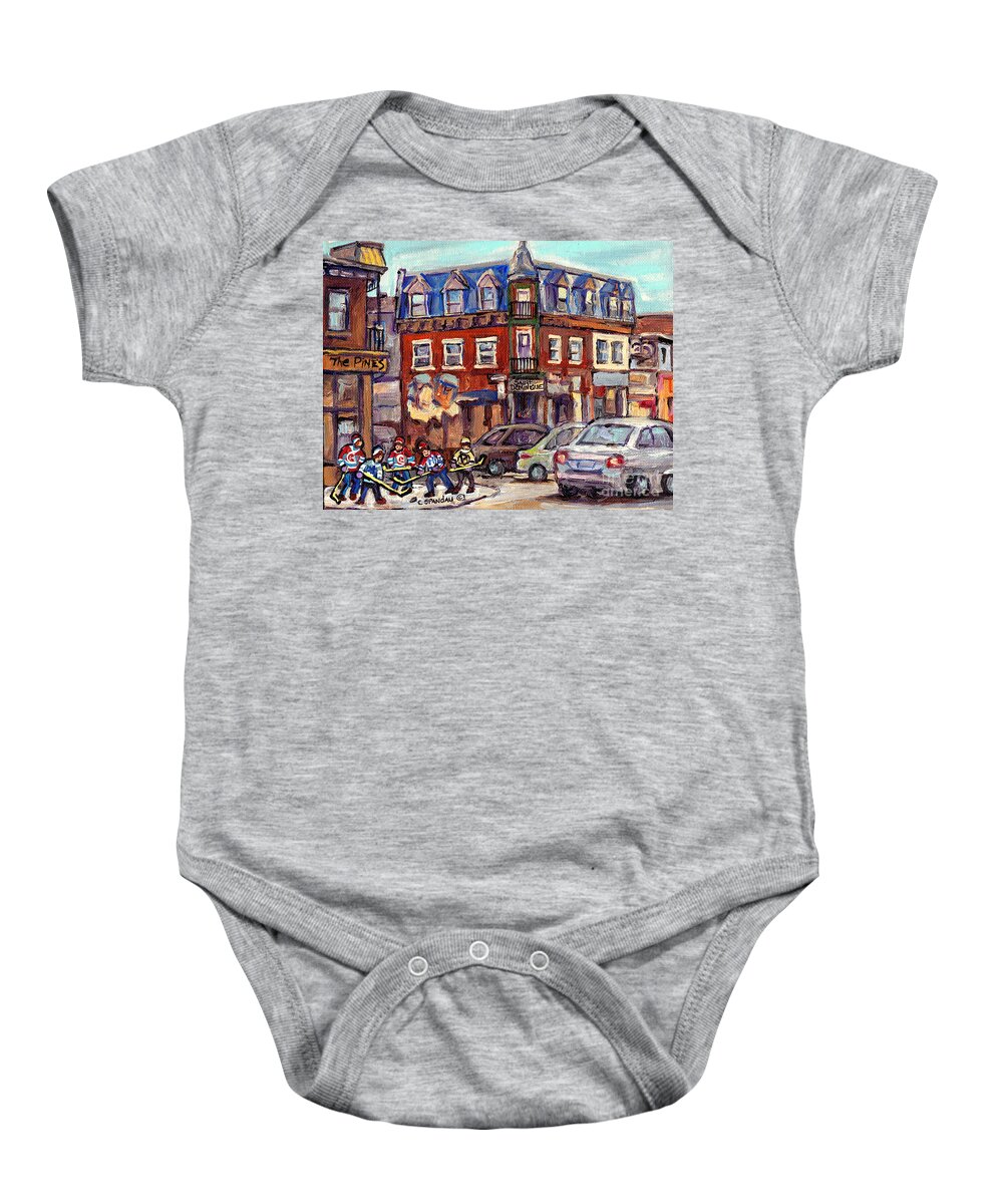Montreal Baby Onesie featuring the painting Boys Of St Dominique And Pine Avenue Hockey Art Montreal Plateau Winter Scenes C Spandau Quebec by Carole Spandau