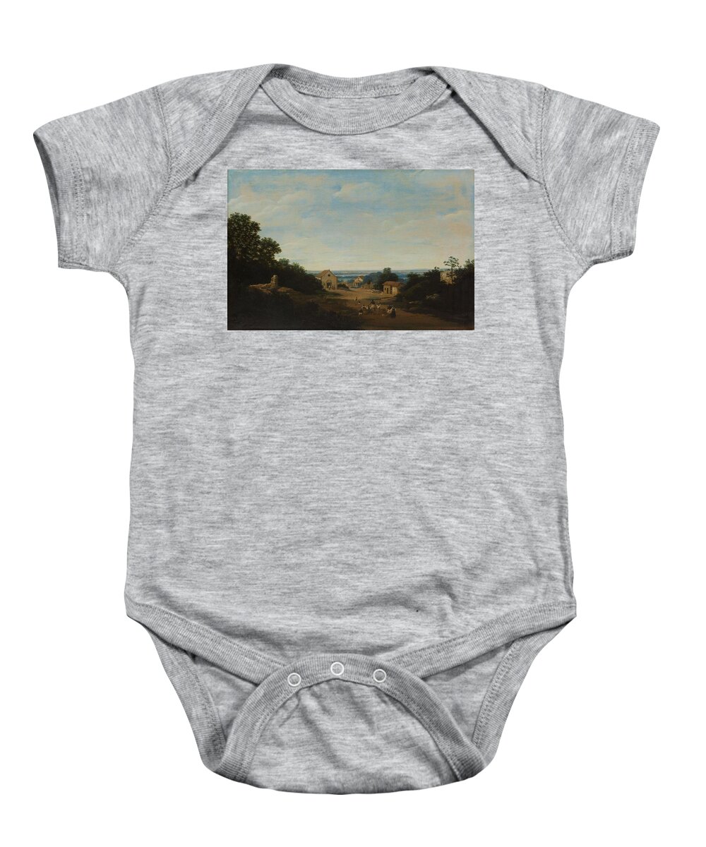 Frans Jansz Post Baby Onesie featuring the painting Brazilian landscape with the village of Igaracu. To the left the church of Sts Cosmas and Damian.... by Frans Jansz Post