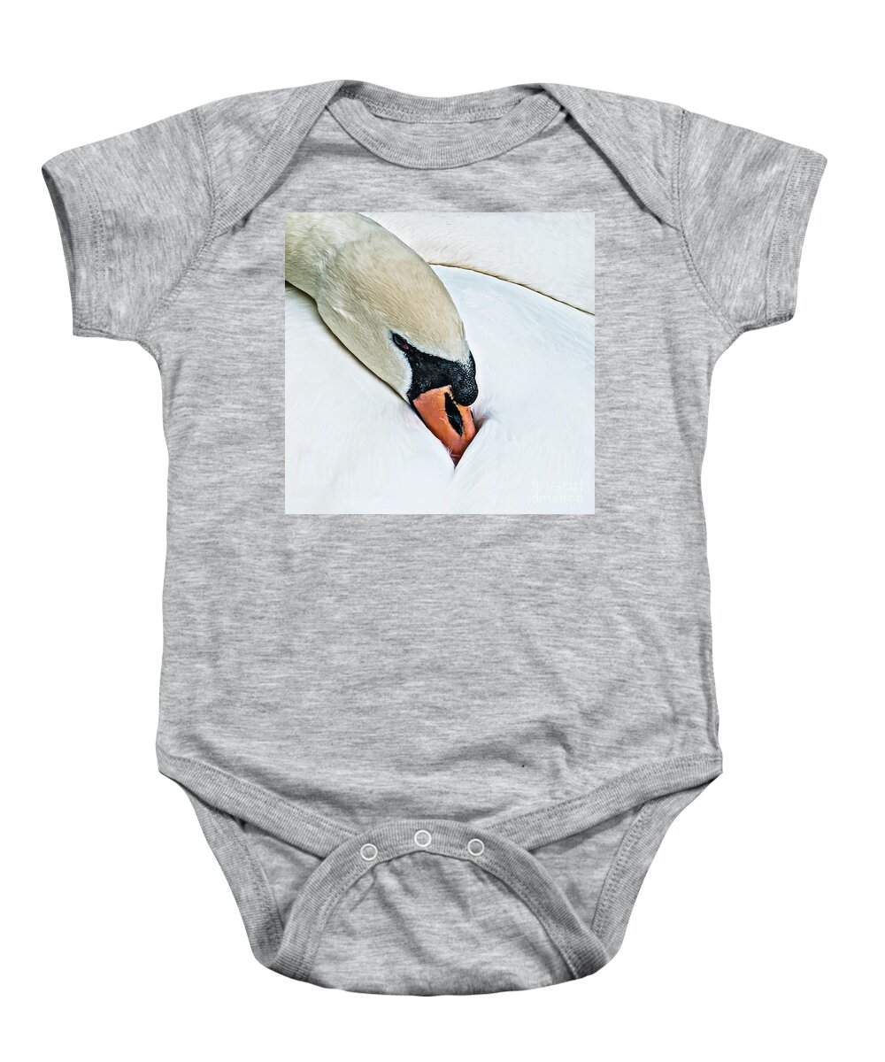 Brooding Baby Onesie featuring the photograph Brooding swan with the beak tucked in her feathers. A painterly almost abstract image. by Ulrich Wende