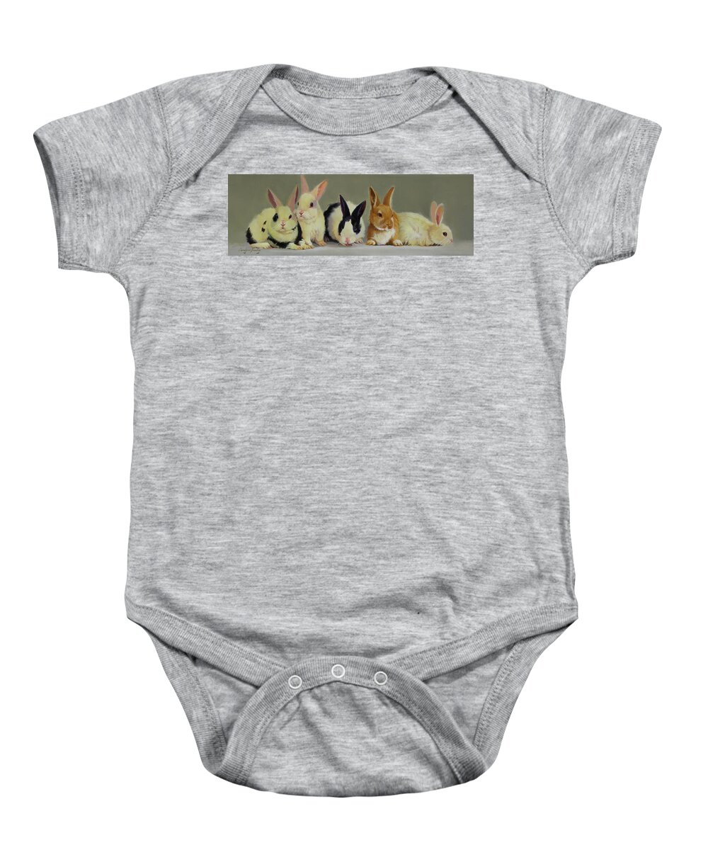 Farm Animals Baby Onesie featuring the painting Bunny Babies by Carolyne Hawley