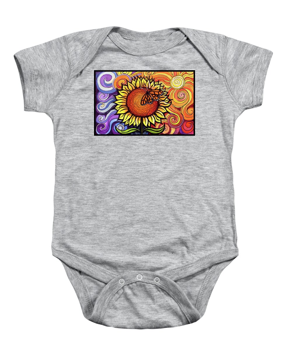 Swirly Baby Onesie featuring the painting Butterfly Sunflower by David Sockrider