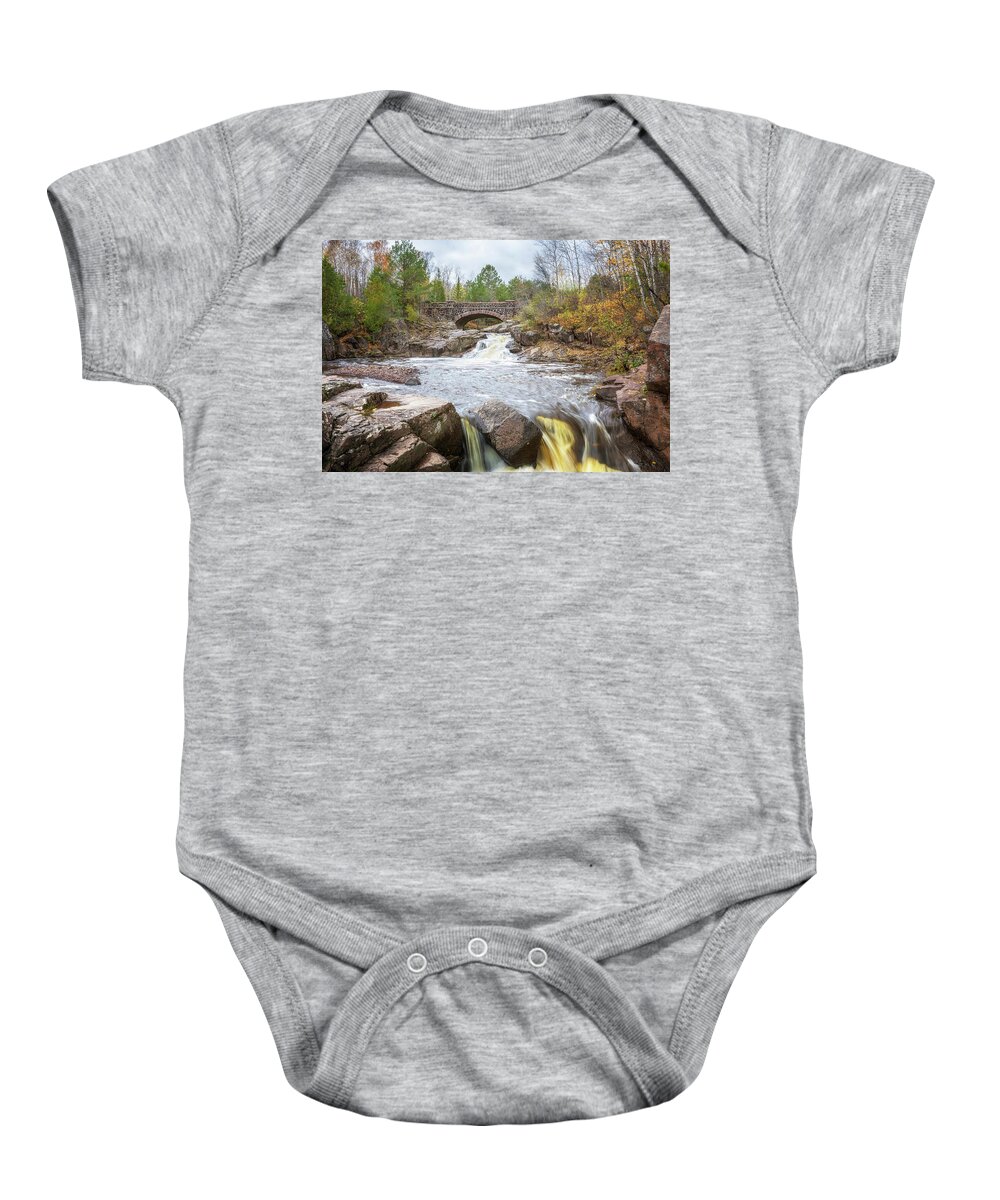 Bridge Baby Onesie featuring the photograph Cascades Under the Bridge by Susan Rissi Tregoning