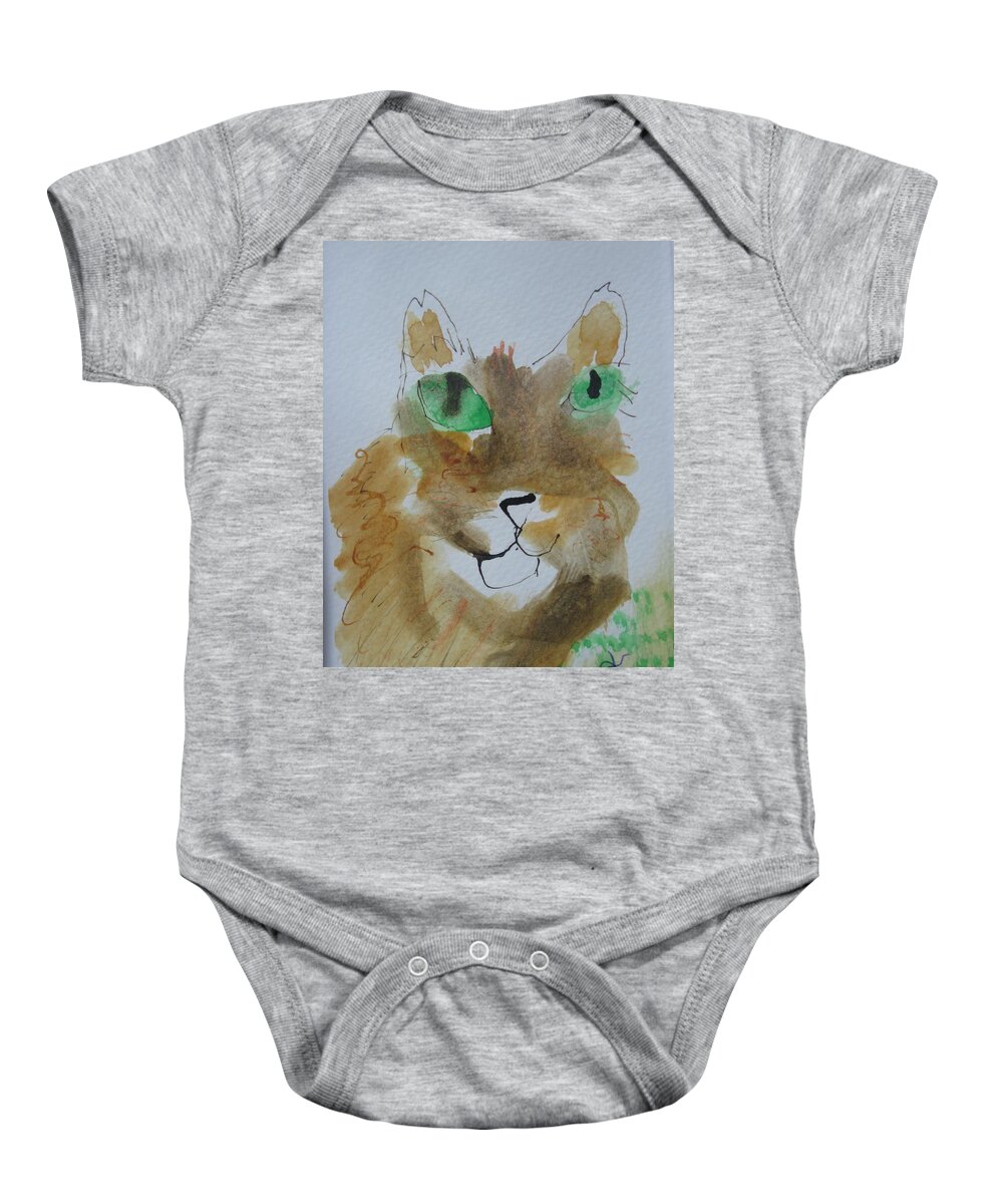 Cat Face Baby Onesie featuring the drawing Cat Face Yellow Brown With Green Eyes by AJ Brown
