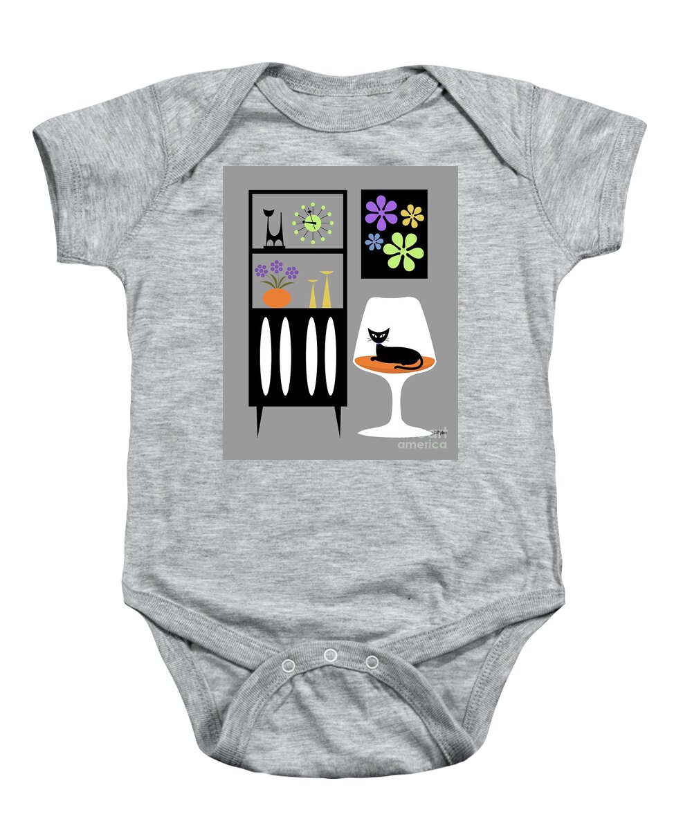 Retro Baby Onesie featuring the digital art Cat in Gray Room by Donna Mibus