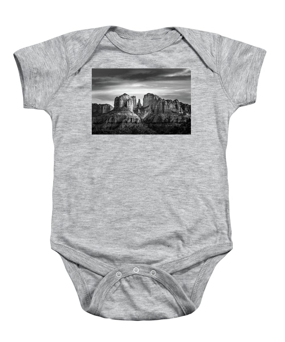 Cathedral Rock Baby Onesie featuring the photograph Cathedral Rock in Black and White by Mindy Musick King