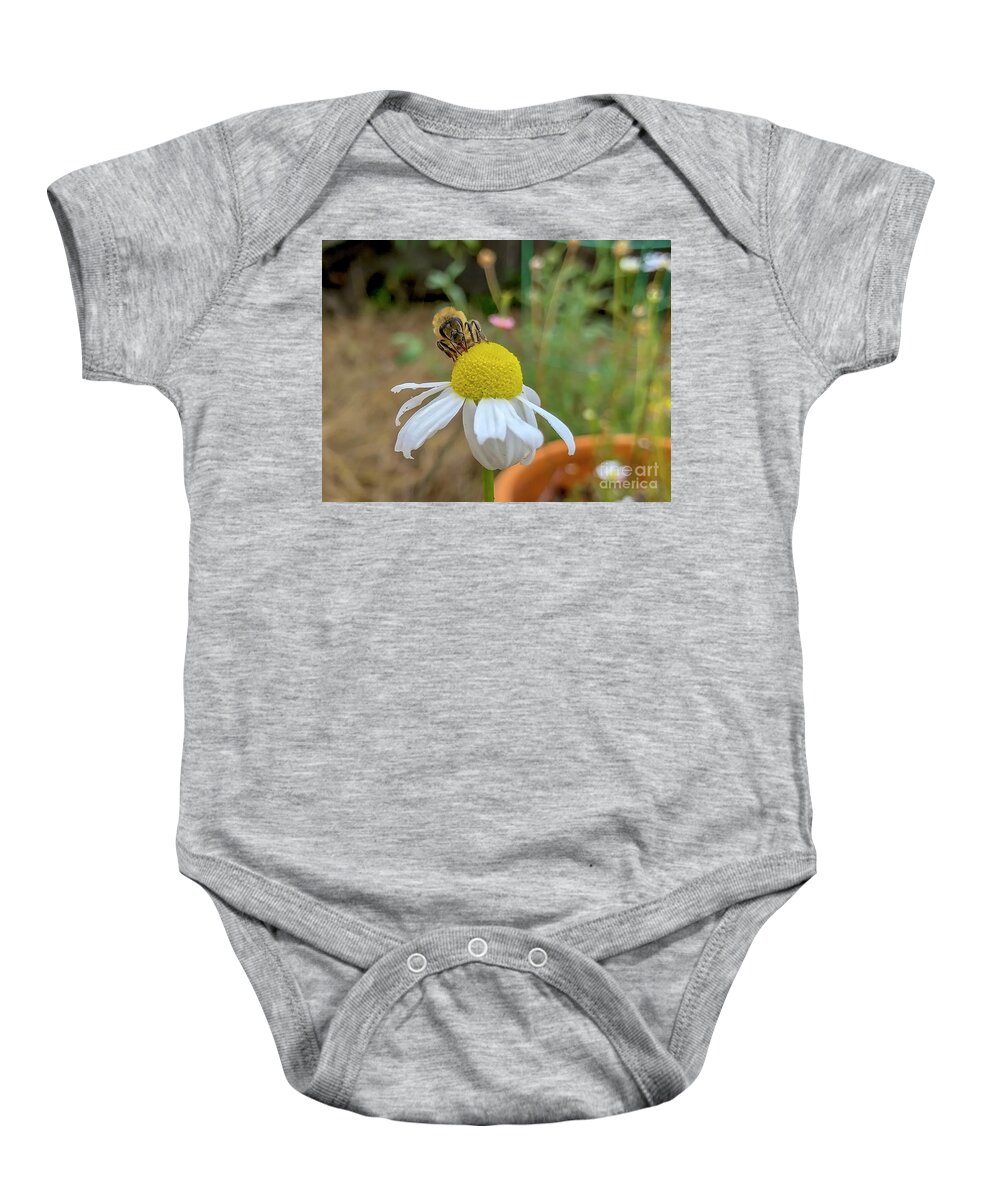 Camamiel Baby Onesie featuring the photograph Chamomile bloom getting worked over by Shawn Jeffries