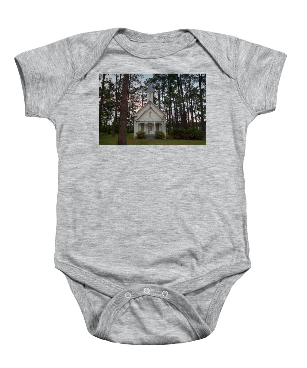 Historic Baby Onesie featuring the photograph Chapel in the Woods by Kelly Gomez