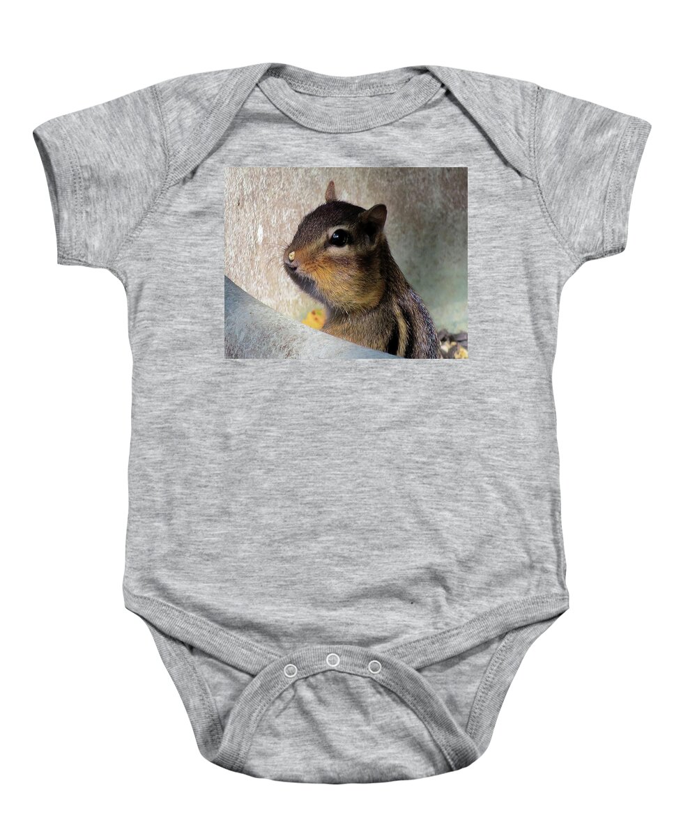 Chipmunk Baby Onesie featuring the photograph Chipmunk Caught in the Act by Linda Stern