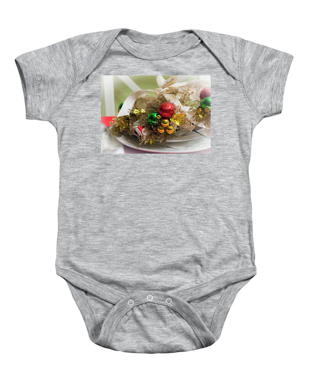 Christmas Baby Onesie featuring the photograph Christmas table setting by Agnes Caruso