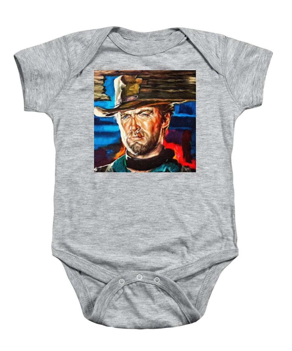 Clint Eastwood Baby Onesie featuring the painting Clint Eastwood, portrait by Vincent Monozlay