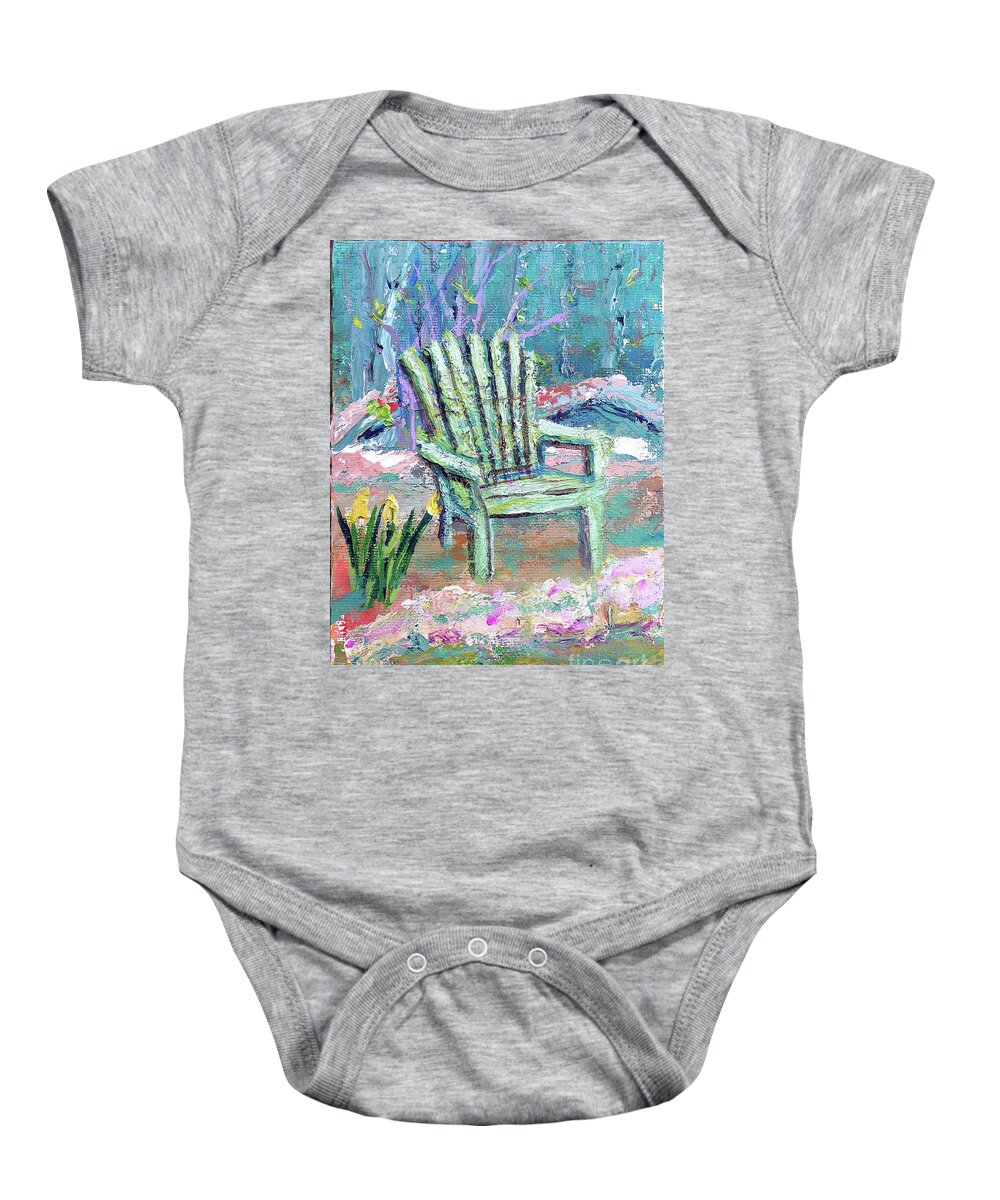 Garden Chair Pastel Plein Air Abstract Tulip Forest Impressionism Impressionistic Sage Pink Violet Bedroom Bathroom Decore Water Landscape Augusta Missouri Baby Onesie featuring the painting Come View the Lake by Manuela Woolsey