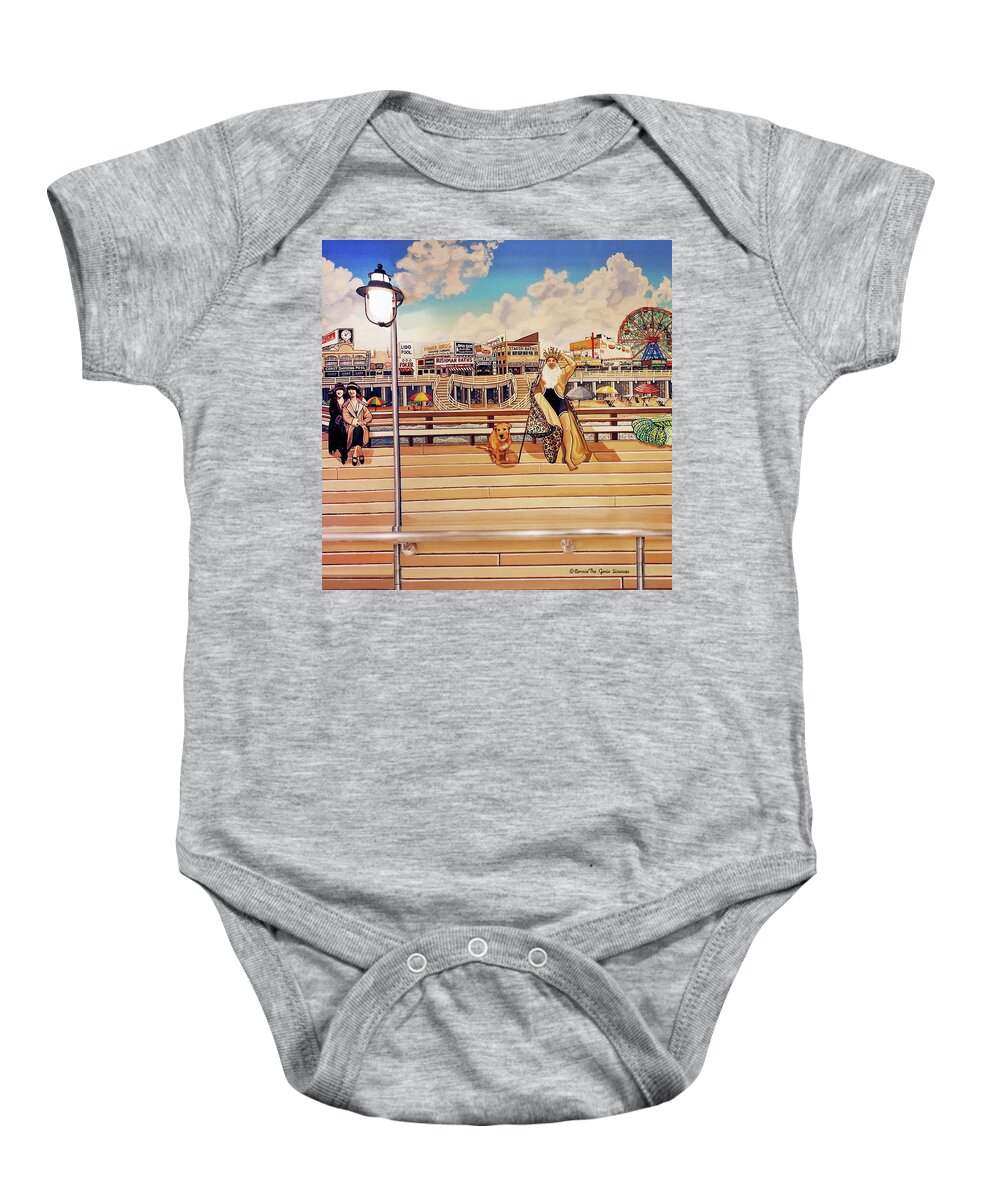  Baby Onesie featuring the painting Coney Island Boardwalk Pillow Mural #3 by Bonnie Siracusa
