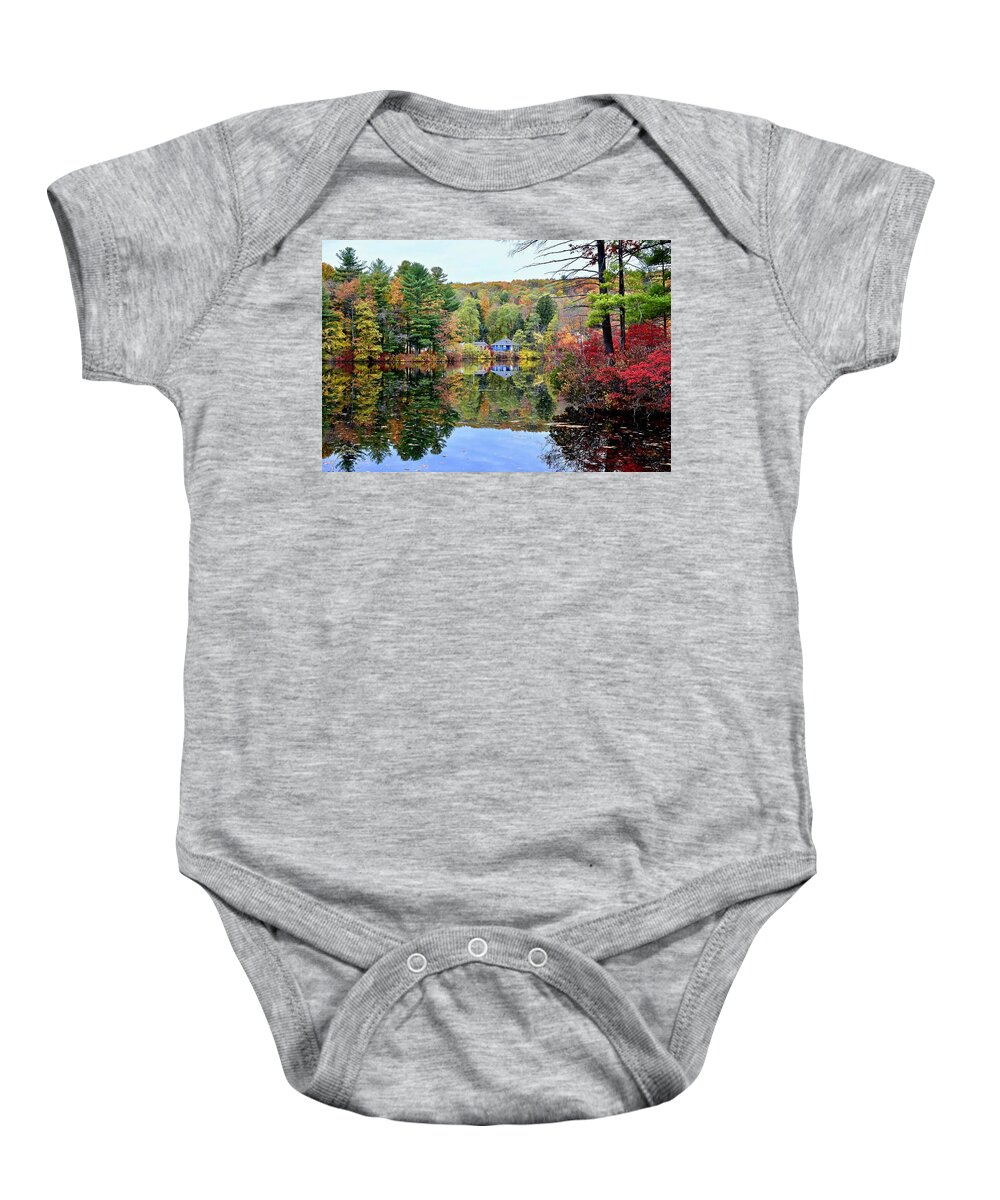 Cook's Pond Baby Onesie featuring the photograph Cook's Pond in Autumn by Monika Salvan