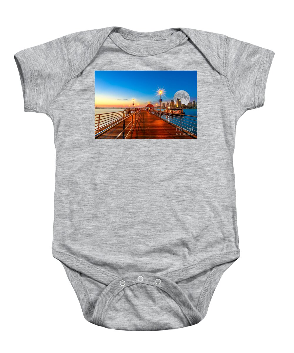 San Diego Baby Onesie featuring the photograph Coronado pier with full moon by Benny Marty