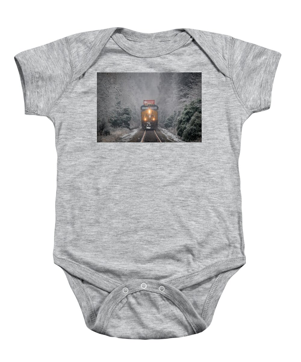 Railroad Baby Onesie featuring the photograph CSX intermodal through an Ice Forest at Mortons Gap Ky by Jim Pearson